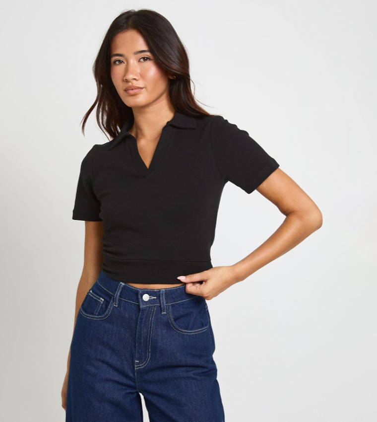 Heavy Cotton Collared Short Sleeves Crop Top