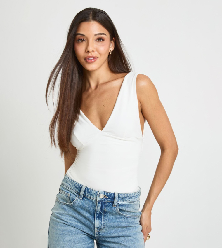 Ruched Side V Neck Bodysuit Top