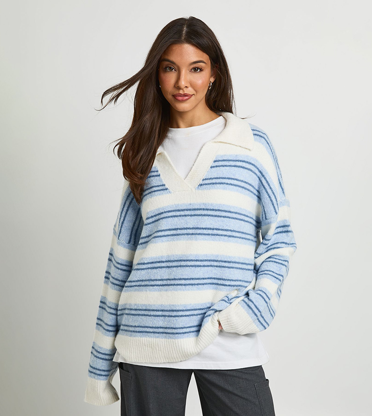 Soft Knit Striped Collared Sweater
