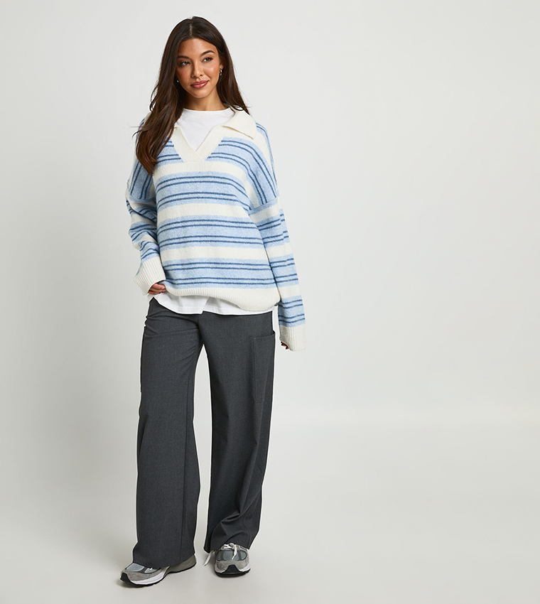 Soft Knit Striped Collared Sweater
