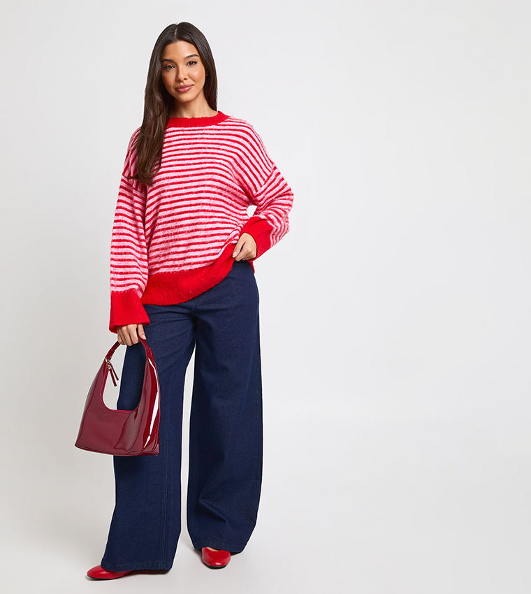 Super Soft Thin Striped Crew Neck Oversized Sweater
