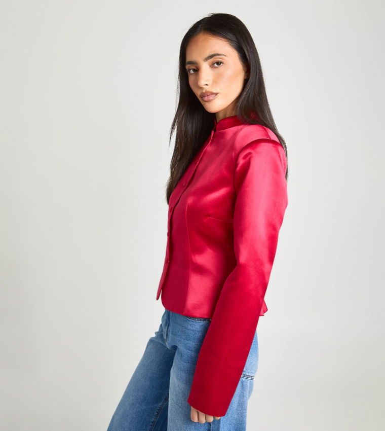 Structured Satin Button Down Peplum Jacket