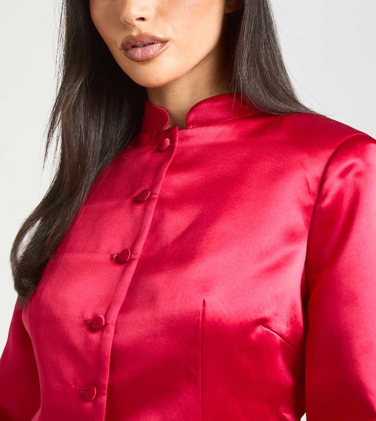 Structured Satin Button Down Peplum Jacket