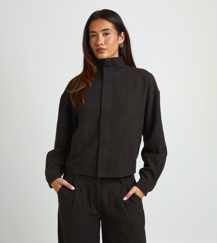 Herringbone Funnel Neck Zip-Through Top