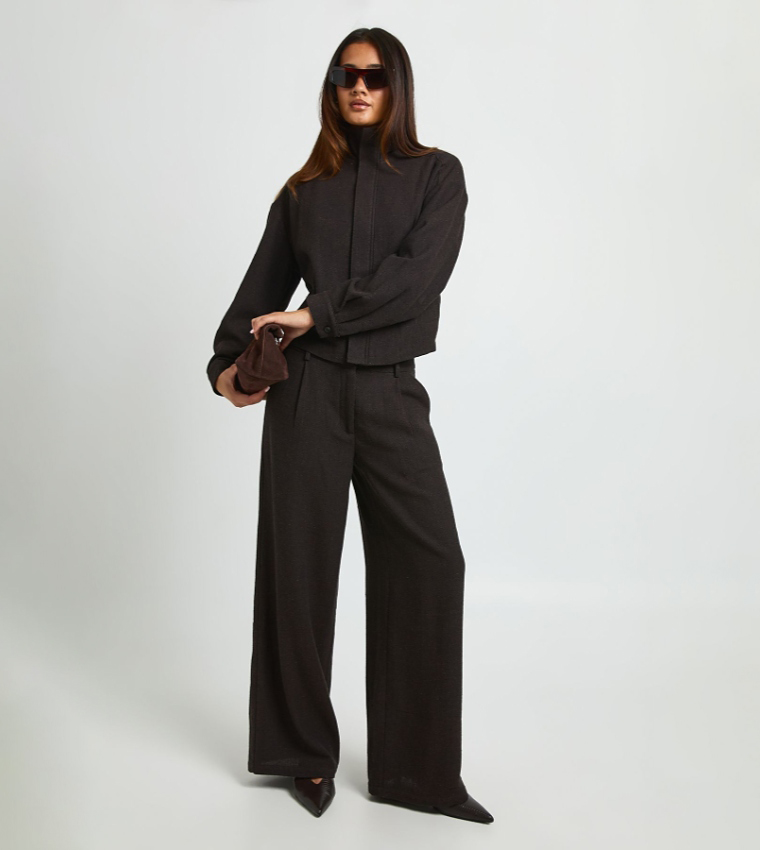 Herringbone Funnel Neck Zip-Through Top
