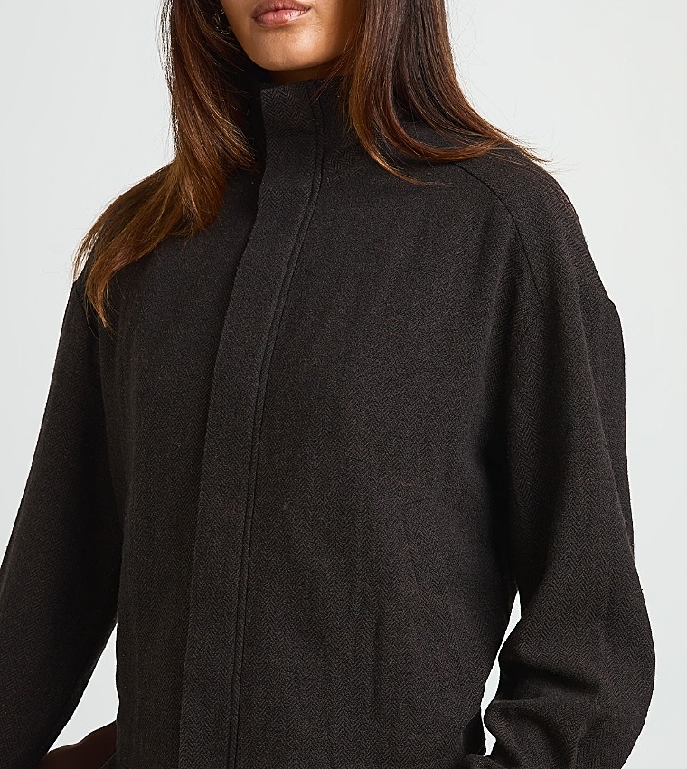 Herringbone Funnel Neck Zip-Through Top