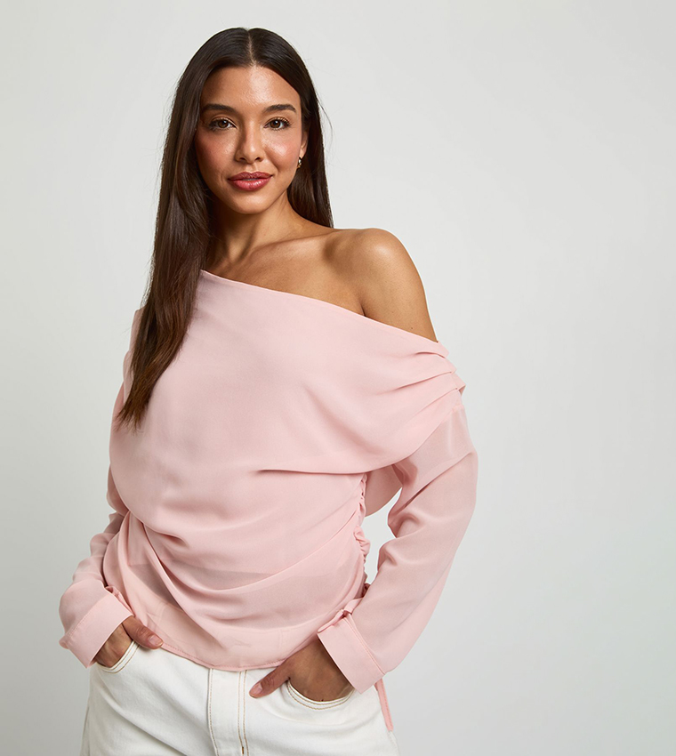 Solid Off Shoulder Chiffon Top