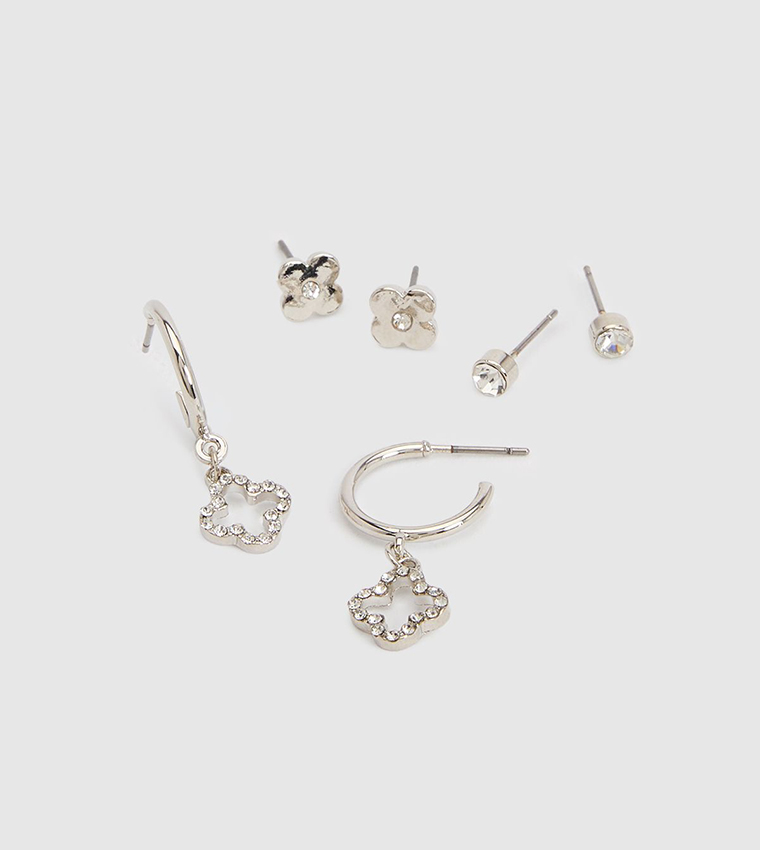 3 Pack Silver Clover Stud & Hoop Earrings