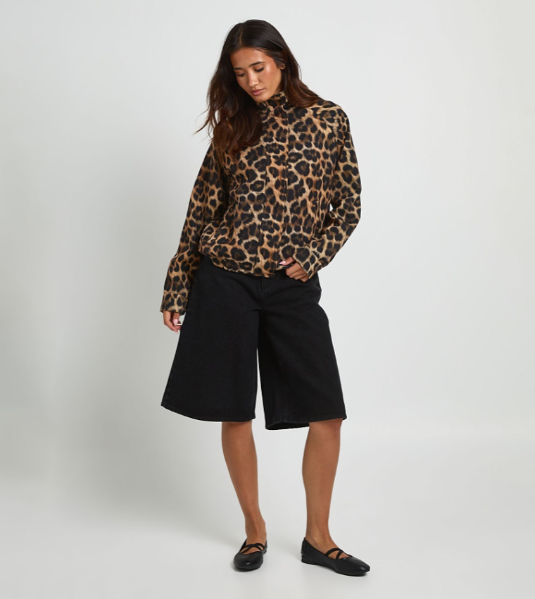 Leopard Patterned High Neck Jacket