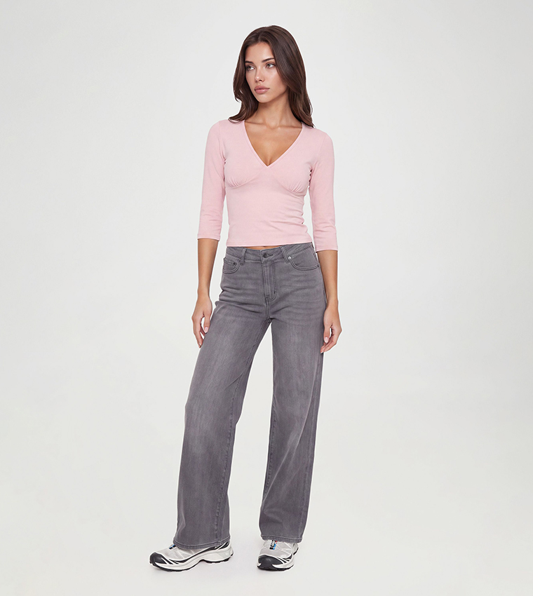 Solid V-Neck 3/4 Sleeves Top