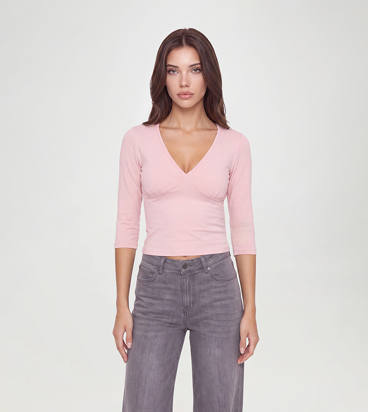 Solid V-Neck 3/4 Sleeves Top