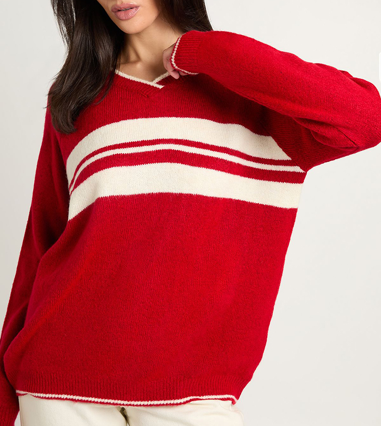 Striped V-Neck Oversized Sweater