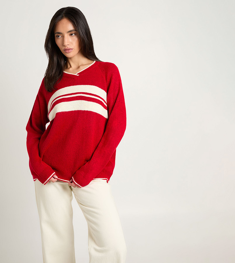 Striped V-Neck Oversized Sweater