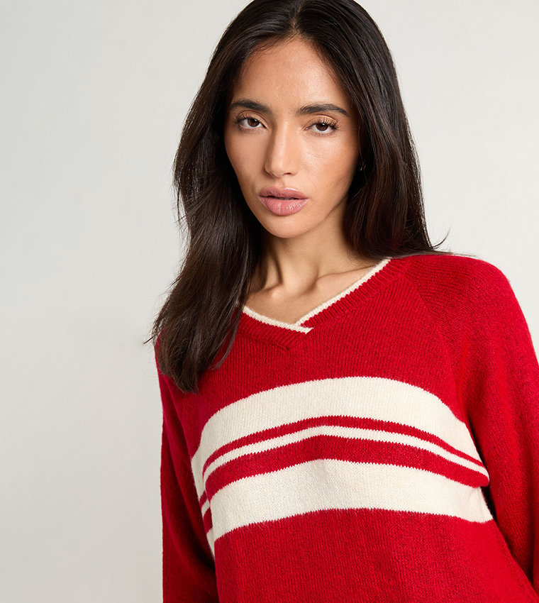 Striped V-Neck Oversized Sweater