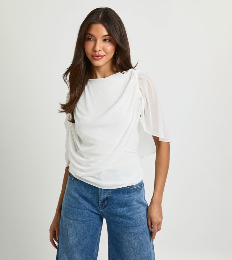 Ruched Mesh Cape Overlay Top