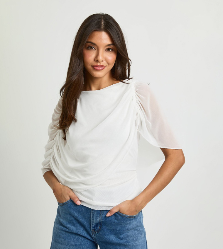 Ruched Mesh Cape Overlay Top