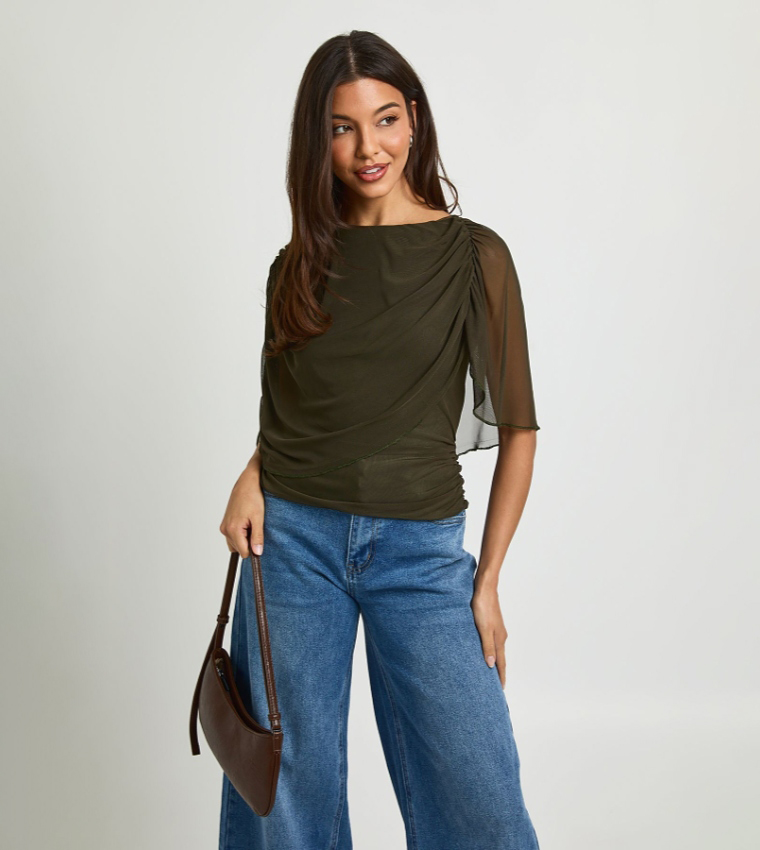 Ruched Mesh Cape Overlay Top