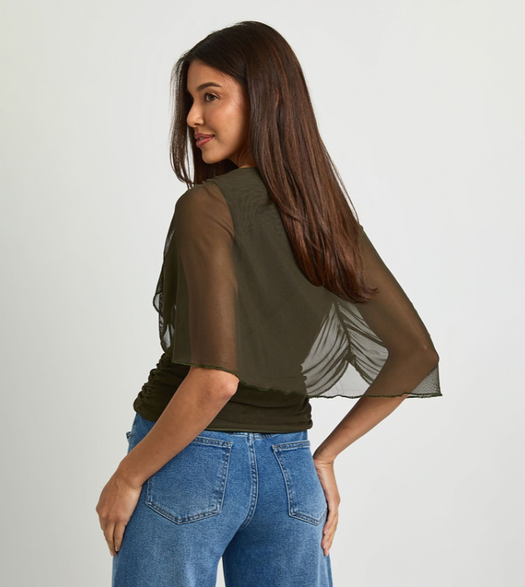 Ruched Mesh Cape Overlay Top