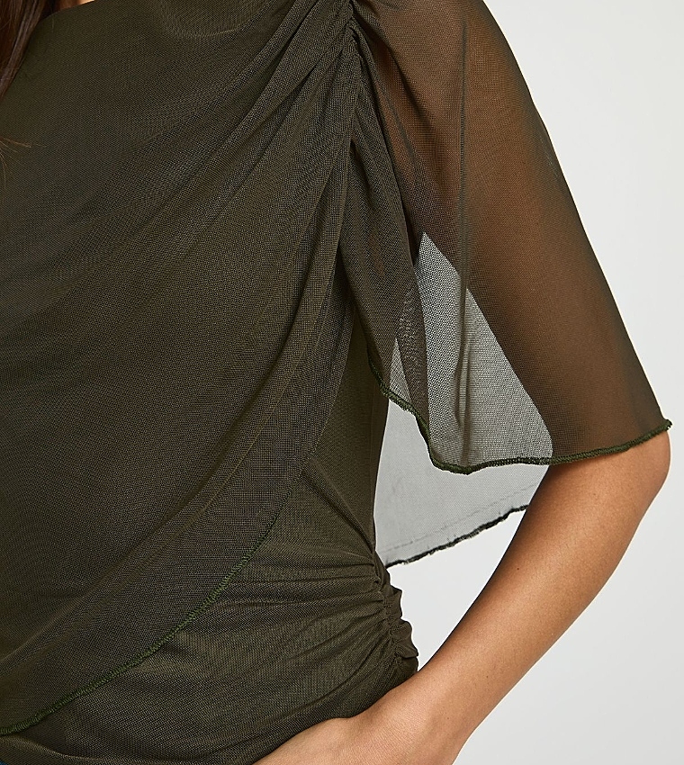 Ruched Mesh Cape Overlay Top