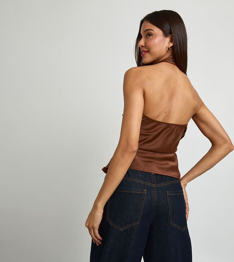 Solid Satin Halterneck Wrap Top