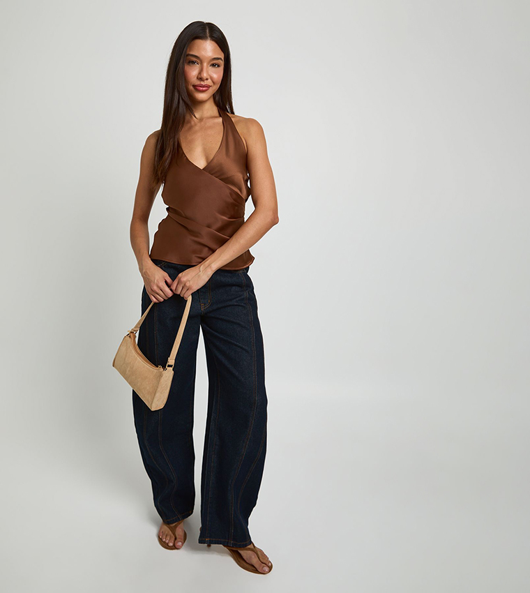 Solid Satin Halterneck Wrap Top