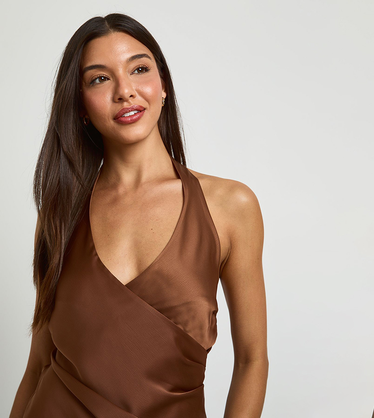 Solid Satin Halterneck Wrap Top
