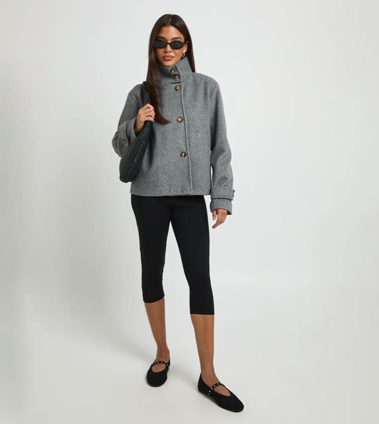 High Neck Button Through Wool Look Jacket