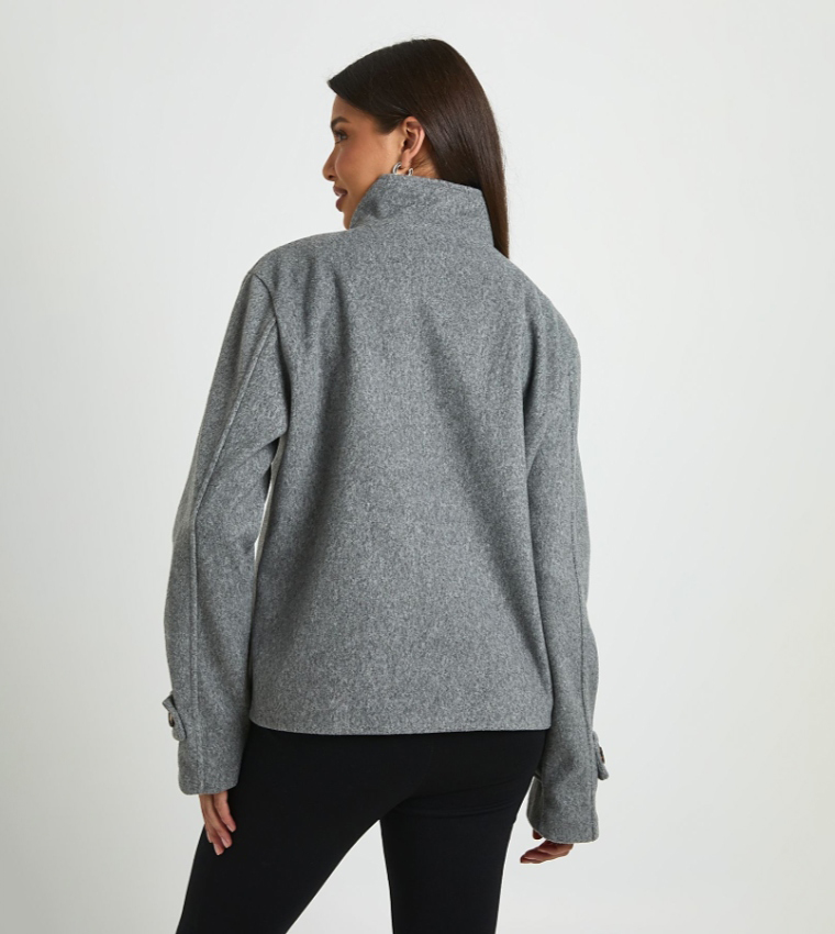High Neck Button Through Wool Look Jacket
