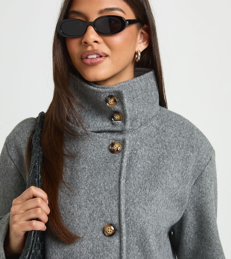 High Neck Button Through Wool Look Jacket