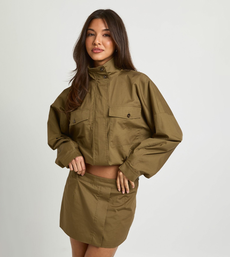 Cotton High Neck Funnel Zip-Up Jacket