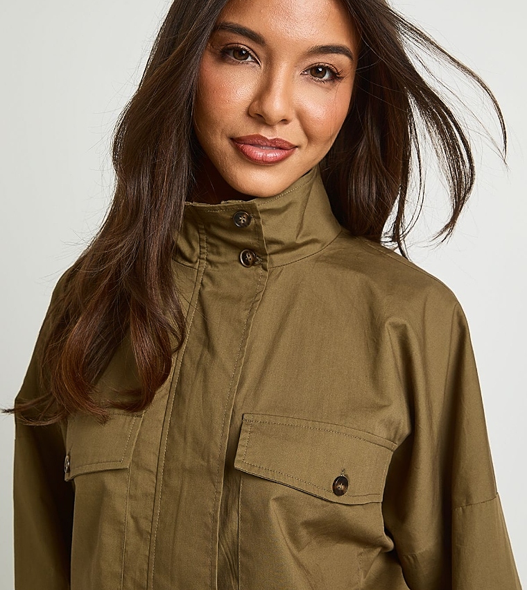 Cotton High Neck Funnel Zip-Up Jacket