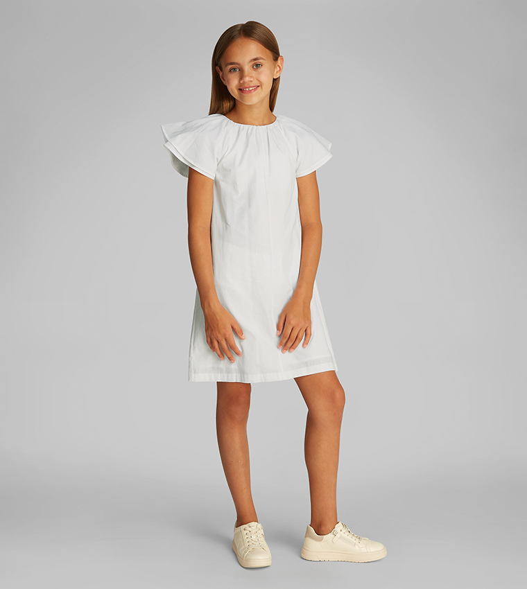 knee length dresses for ladies Calvin Klein White Sleeveless Ruffled Casual Mini Dress