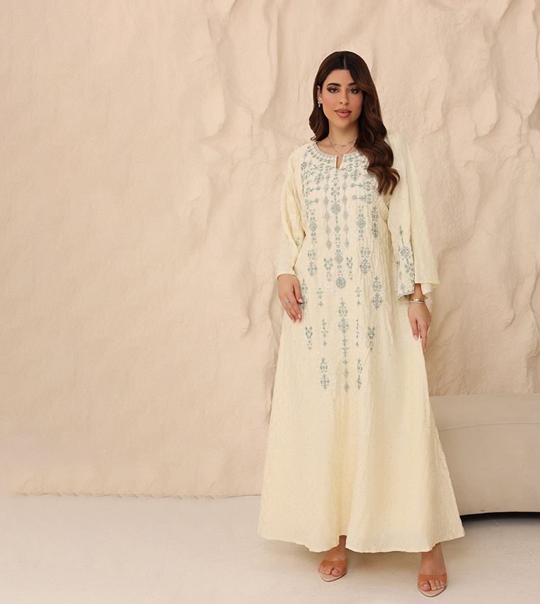 AZURE BLOOM Embroidered Flared Sleeves Jalabiya