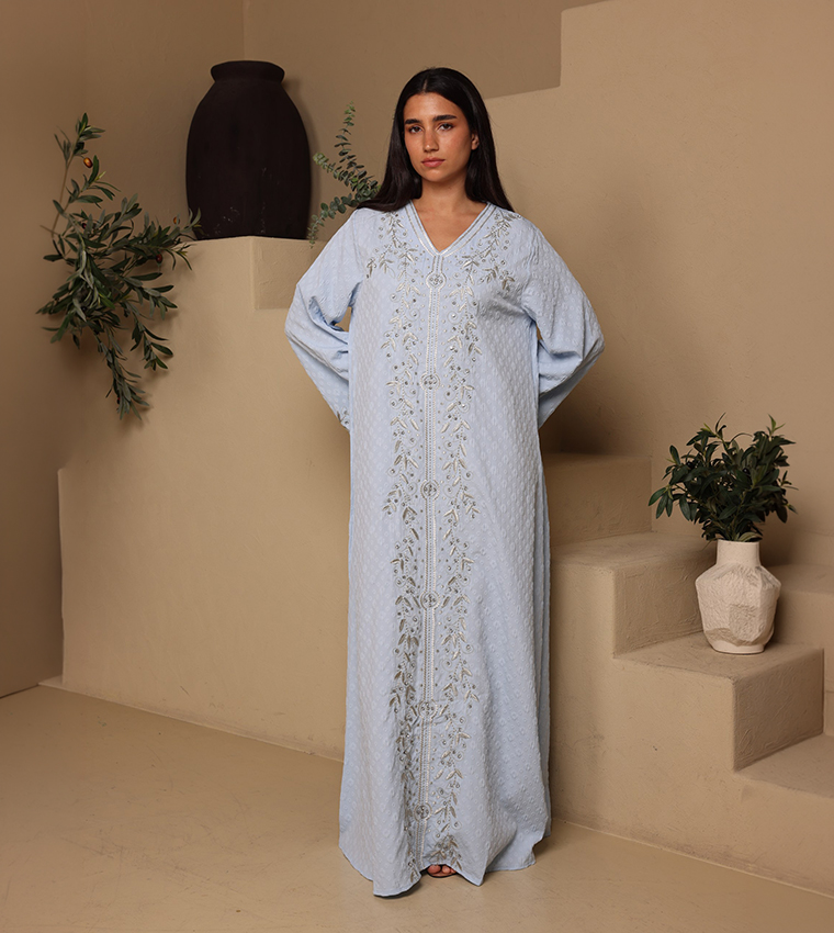 CRYSTAL VINE Embroidered V-Neck Jalabiya