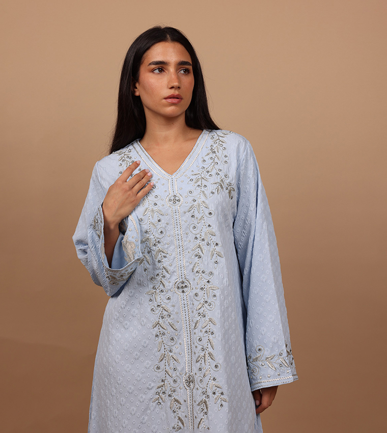 CRYSTAL VINE Embroidered V-Neck Jalabiya