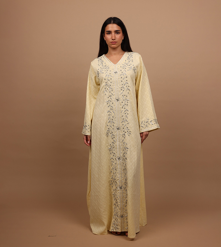 CRYSTAL VINE Embroidered V-Neck Jalabiya