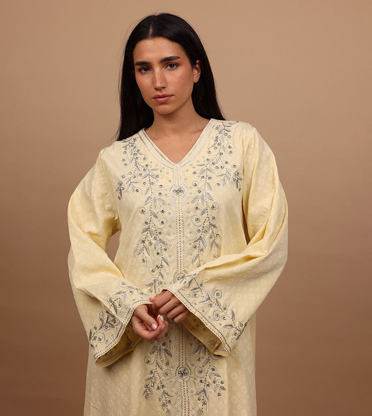 CRYSTAL VINE Embroidered V-Neck Jalabiya