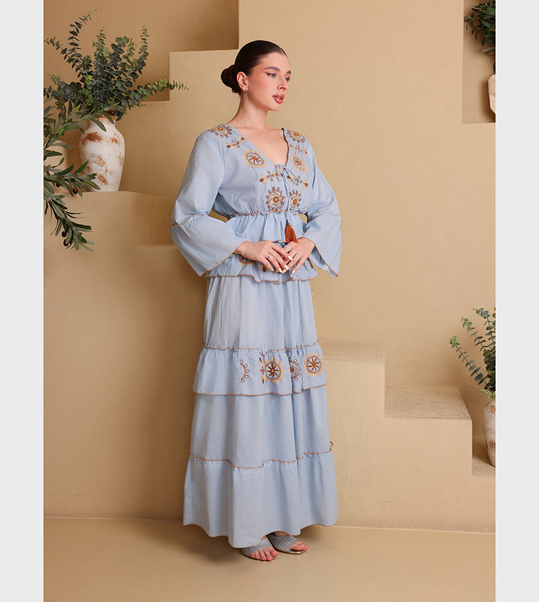 ZAHRA Embellished Long Sleeves Tiered Maxi Dress