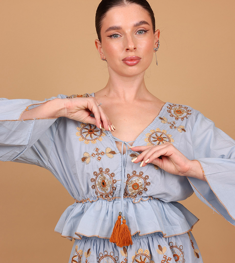 ZAHRA Embellished Long Sleeves Tiered Maxi Dress