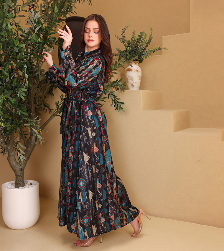 NOOR Geometric Print Belted Collared Maxi Dress
