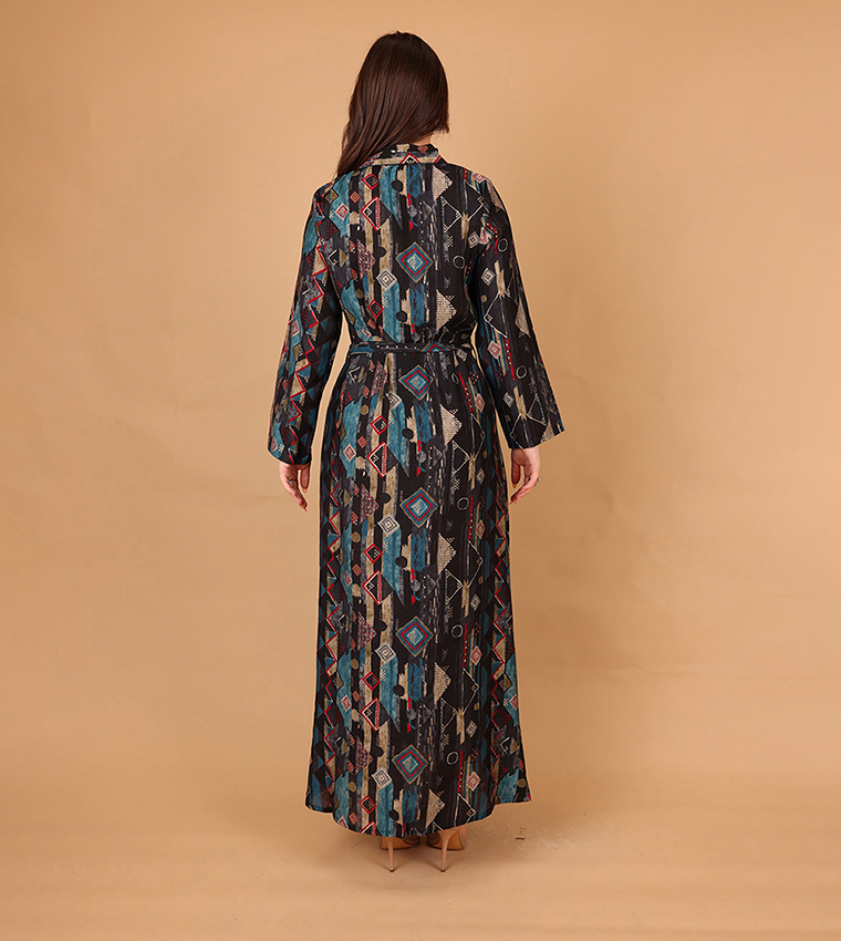 NOOR Geometric Print Belted Collared Maxi Dress