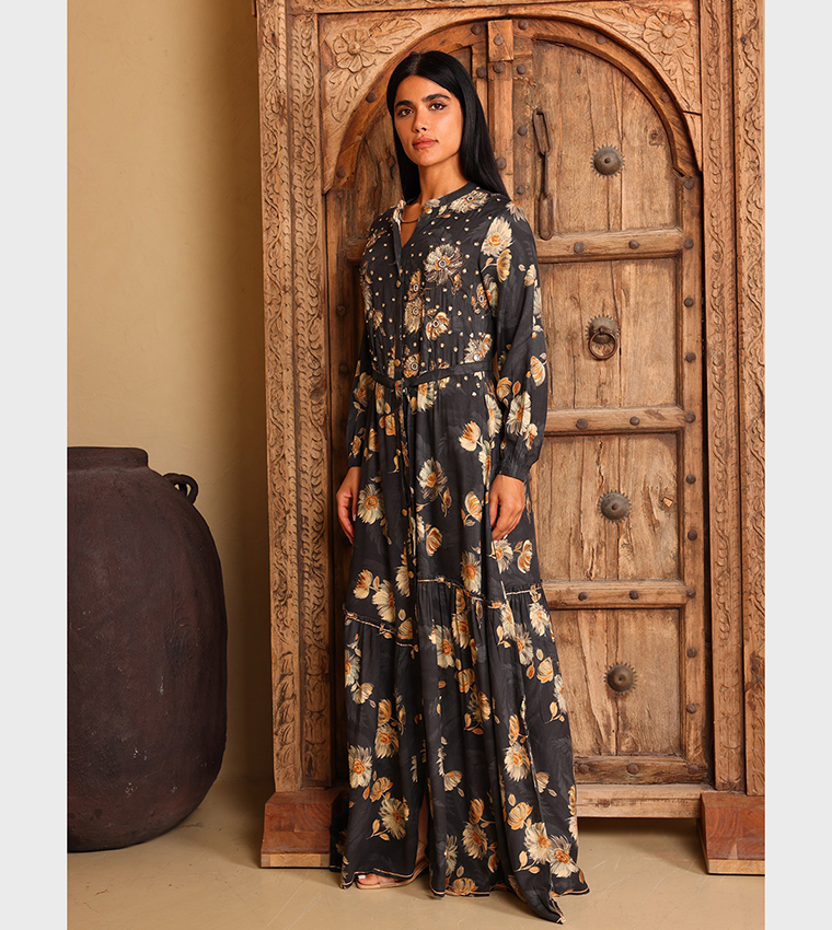 INAYA Floral Embellished Long Sleeves Tiered Maxi Dress