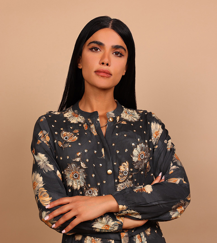 INAYA Floral Embellished Long Sleeves Tiered Maxi Dress