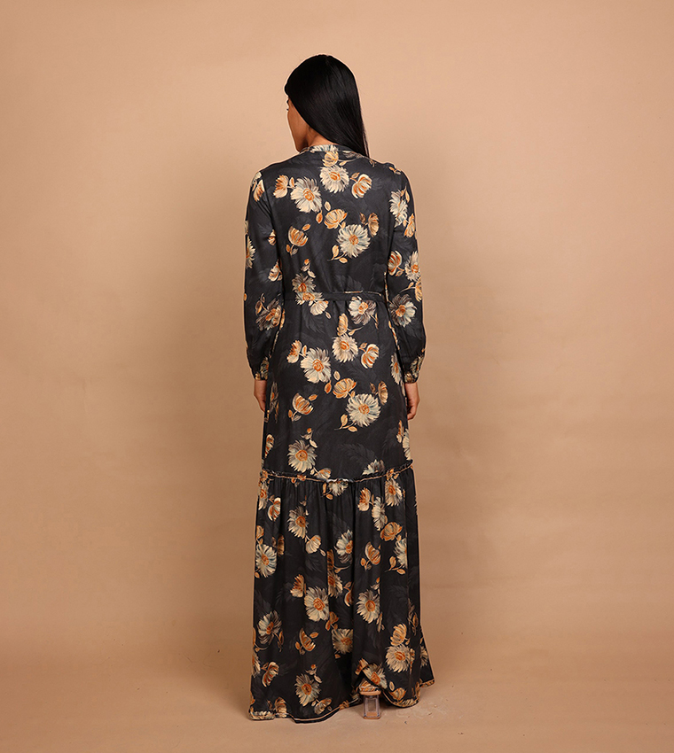 INAYA Floral Embellished Long Sleeves Tiered Maxi Dress