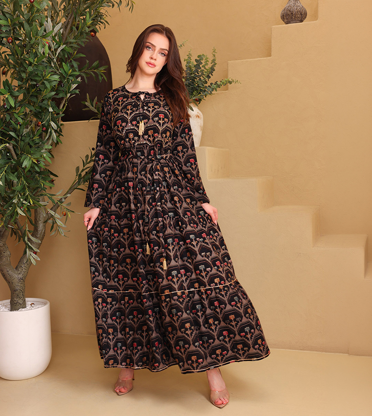 ZOYA Ethnic Motif Print Tie-Up Neck Maxi Dress