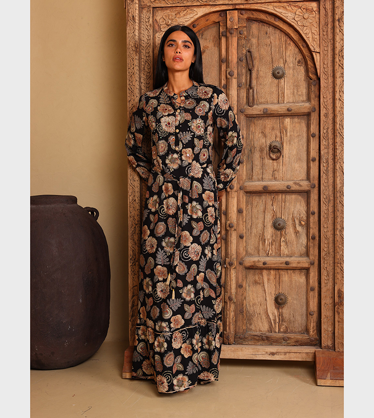 ALYA Floral Print Embellished Long Sleeves Maxi Dress