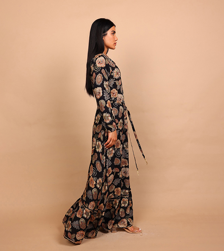 ALYA Floral Print Embellished Long Sleeves Maxi Dress