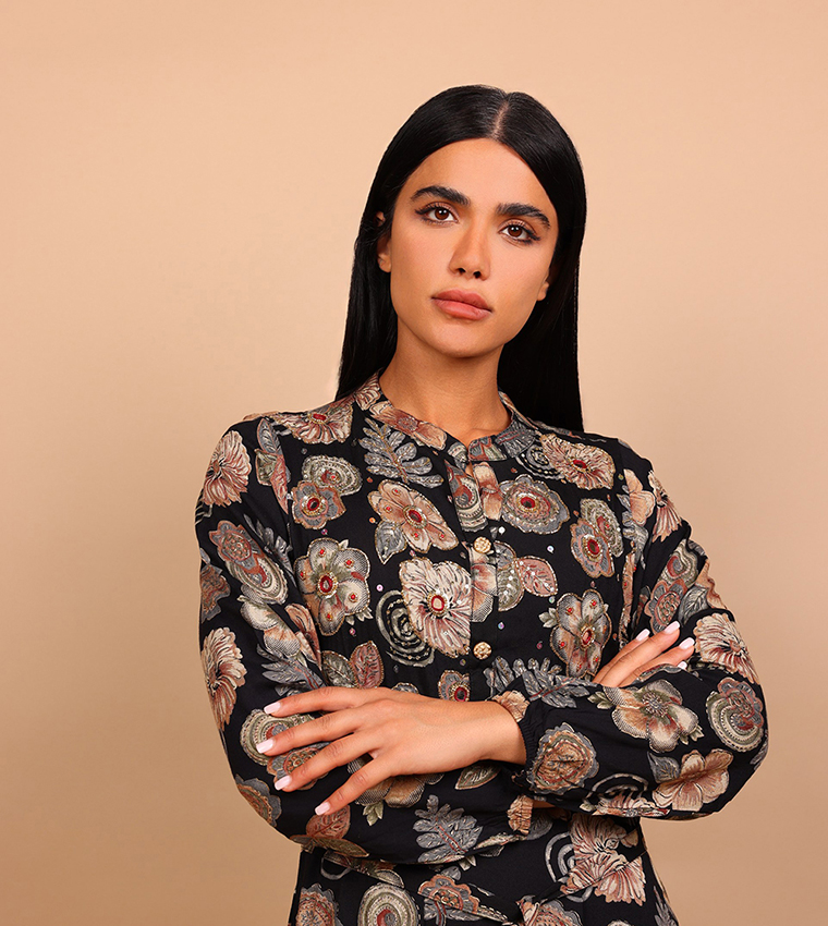 ALYA Floral Print Embellished Long Sleeves Maxi Dress