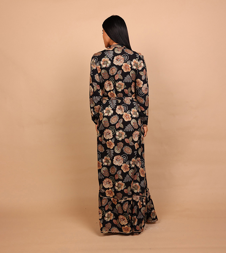 ALYA Floral Print Embellished Long Sleeves Maxi Dress
