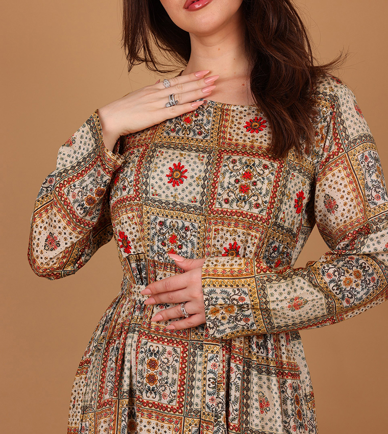 SORAYA Ethnic Print Long Sleeves Tiered Maxi Dress